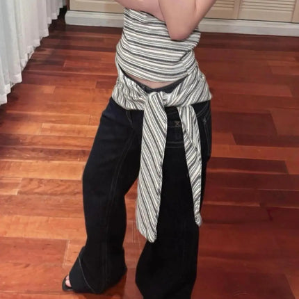 Jeans a gamba larga americani retrò a vita bassa da donna estate autunno pantaloni larghi drappeggiati alti lunghezza estesa pantaloni a gamba larga per ragazze calde