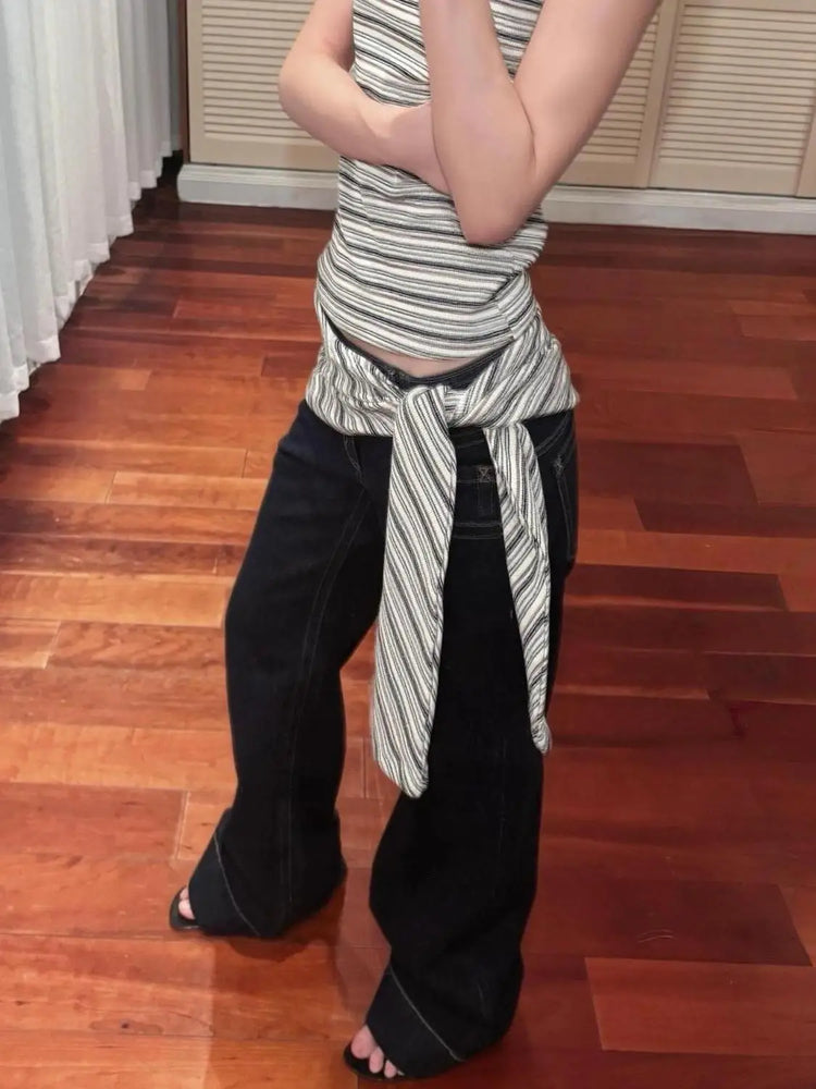 Jeans a gamba larga americani retrò a vita bassa da donna estate autunno pantaloni larghi drappeggiati alti lunghezza estesa pantaloni a gamba larga per ragazze calde