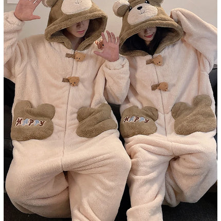 Winter Pajamas Cartoon Bear Costume Pijama Kawaii Adult Couples Kigurumis Sleepwear Jumpsuits Coral Fleece Loose Warm Homewear