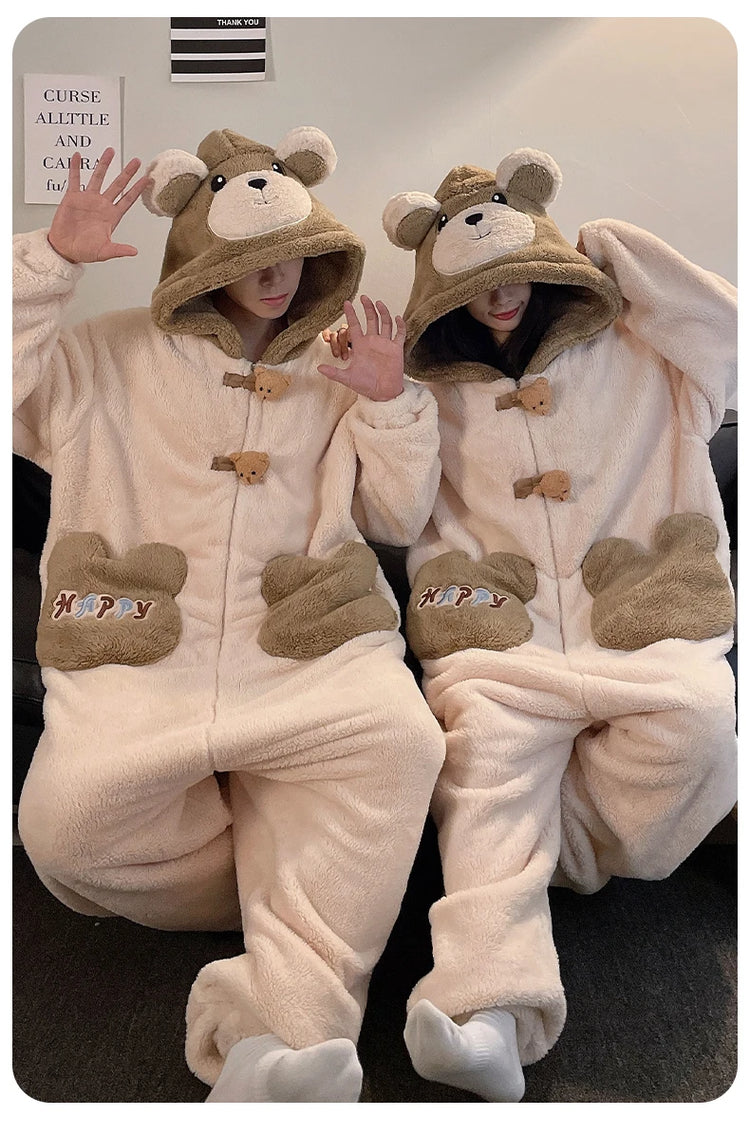 Winter Pajamas Cartoon Bear Costume Pijama Kawaii Adult Couples Kigurumis Sleepwear Jumpsuits Coral Fleece Loose Warm Homewear