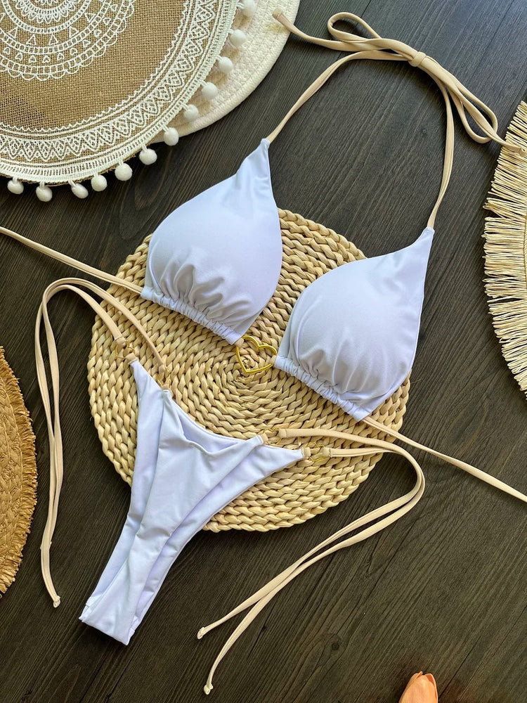 Nuovo bikini bianco a tinta unita da donna, costume da bagno alla moda con lacci a vita bassa, set due pezzi platinumshop