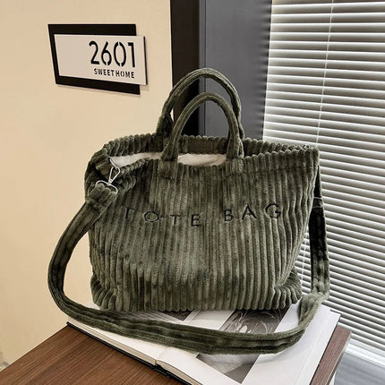Simple Letter Soft Corduroy Shoulder Bags for Women Versatile Large Capacity Ladies Crossbody Bag Portable Female Handbags Tote PlatiNum