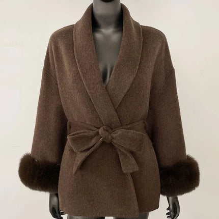 Elegant OL Office Lady Overcoats Fur Patchwork Long Sleeve Woolen Coat Beautiful Women's Clothing Jacket Autumn 2025 Spring