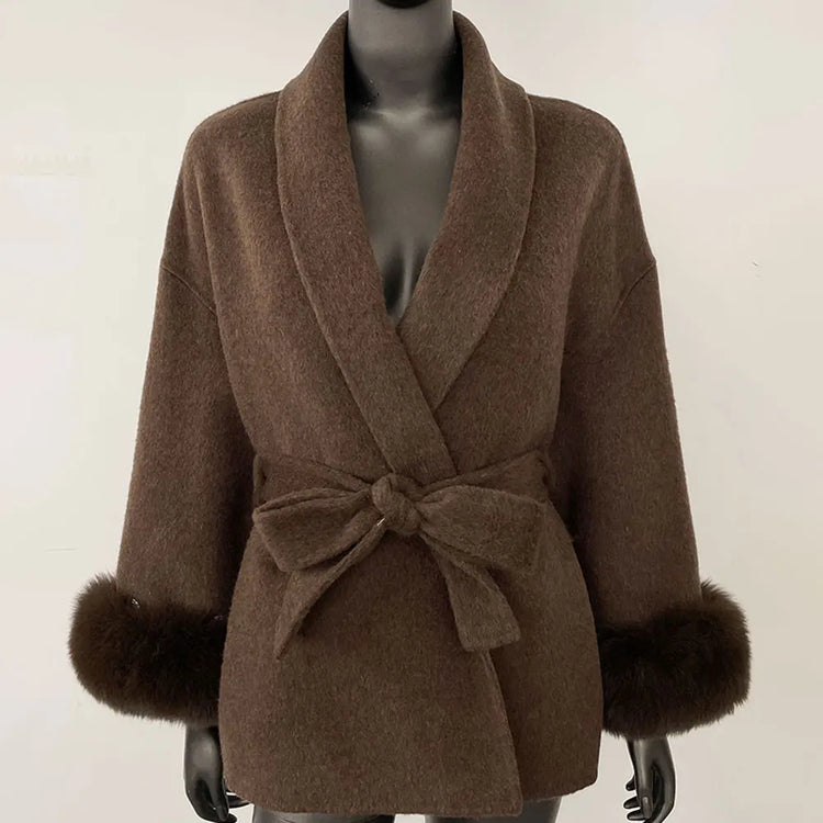 Elegant OL Office Lady Overcoats Fur Patchwork Long Sleeve Woolen Coat Beautiful Women's Clothing Jacket Autumn 2025 Spring