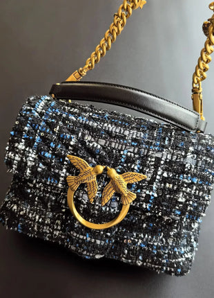 Nuova Borsa a Tracolla/Crossbody da Donna 2026 Ispirata a Pinko in Tweed con Cigno, in Vera Pelle