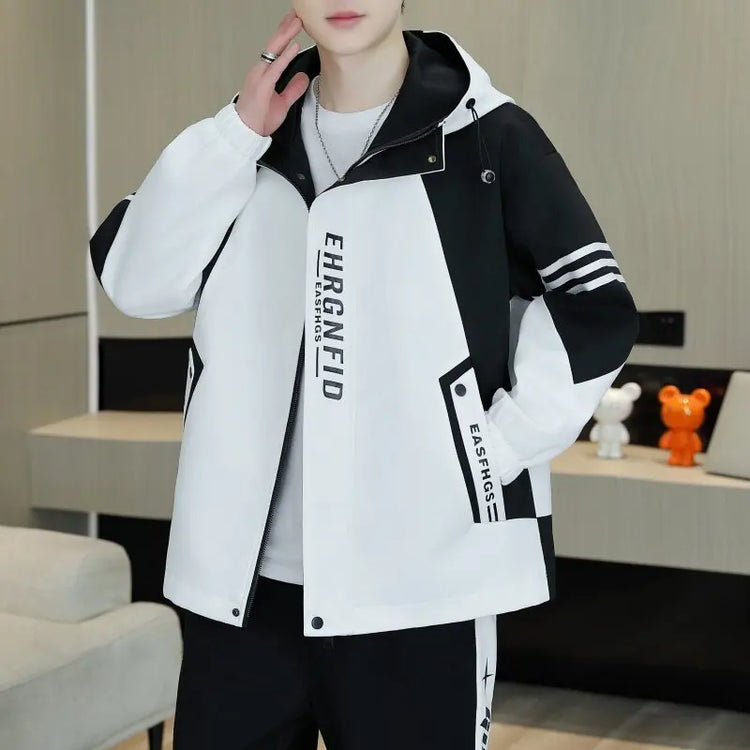 Spring Autumn Men's Hooded Jacket Loose Versatile Trendy Color Block Fashion Outerwear Windproof Thickened Long Sleeve Zipper