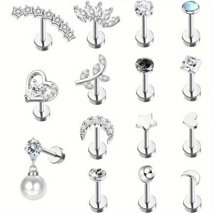 Florideco 1PC Stainless Steel Cartilage Stud Earrings for Women Opal Flat Back Earring Studs Lip Bar Nose Ear Piercing Jewellery PlatiNum