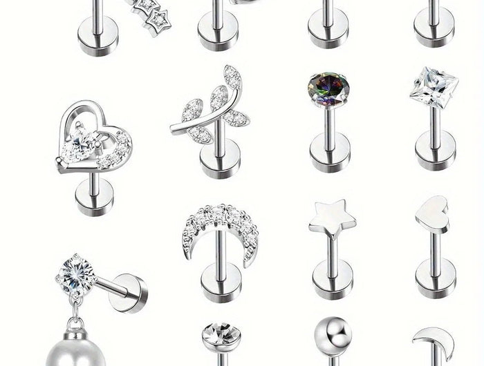 Florideco 1PC Stainless Steel Cartilage Stud Earrings for Women Opal Flat Back Earring Studs Lip Bar Nose Ear Piercing Jewellery PlatiNum