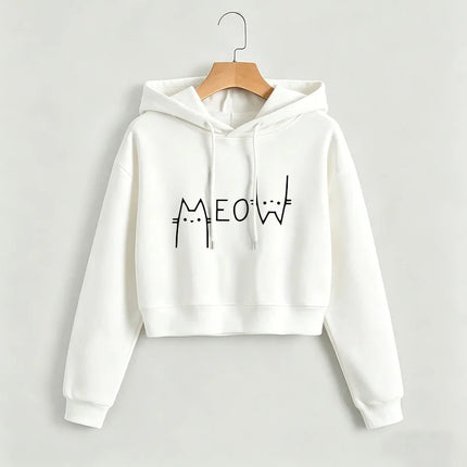 Funny Meow Cat Cropped Sweatshirt Crop Top Hoodie Y2k Sweatshirts Gothic Casual Style Clothes kawaii girls hoodies