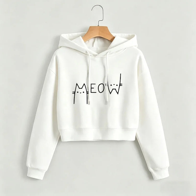 Funny Meow Cat Cropped Sweatshirt Crop Top Hoodie Y2k Sweatshirts Gothic Casual Style Clothes kawaii girls hoodies