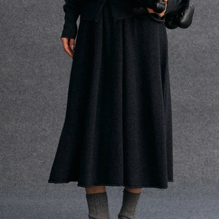 New Women's 100% Pure Cashmere Knitted Full Skirt Autumn Winter High Waisted Mid-calf Ankle-Length Soild Dress Versatile Elegant PlatiNum