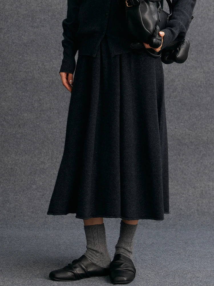 New Women's 100% Pure Cashmere Knitted Full Skirt Autumn Winter High Waisted Mid-calf Ankle-Length Soild Dress Versatile Elegant PlatiNum