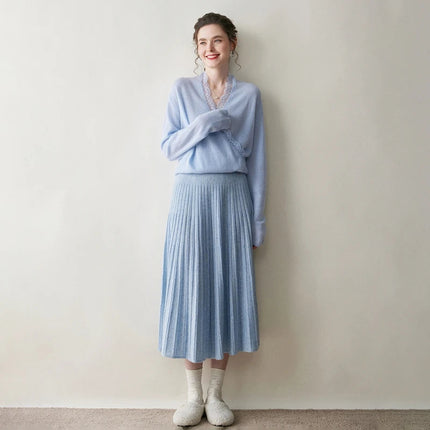 2025 New Grace Women's Cashmere Long Pleated Skirt Autumn Winter Office Lady Cashmere Skirt 100% Cashmere Pupular Dress Skirt PlatiNum