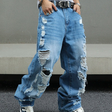 Men's Ripped Baggy Jeans Loose Fit Distressed Denim Pants Light Wash Y2K Streetwear Wide Leg Style PlatiNum