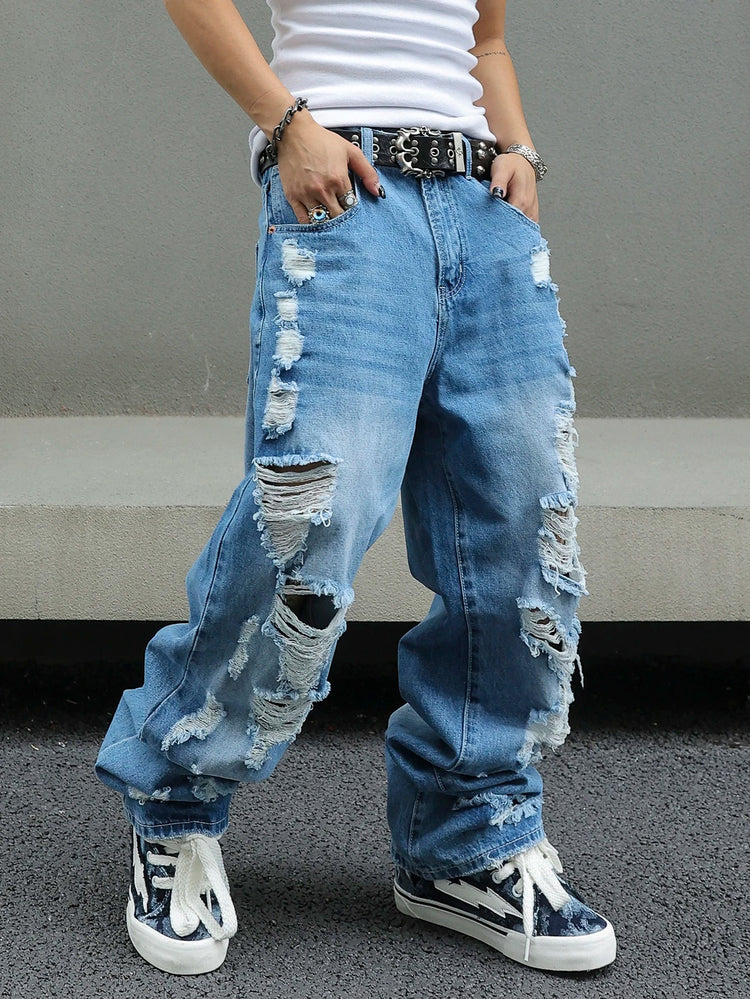 Men's Ripped Baggy Jeans Loose Fit Distressed Denim Pants Light Wash Y2K Streetwear Wide Leg Style PlatiNum