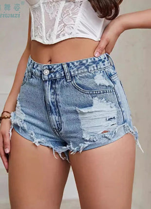 Women's High Rise Light Wash Destroyed Denim Shorts Casual Jeans Summer Fashion Must-Havefor Teen Girls Ripped Hem Jean Hotpants PlatiNum