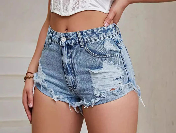 Women's High Rise Light Wash Destroyed Denim Shorts Casual Jeans Summer Fashion Must-Havefor Teen Girls Ripped Hem Jean Hotpants PlatiNum