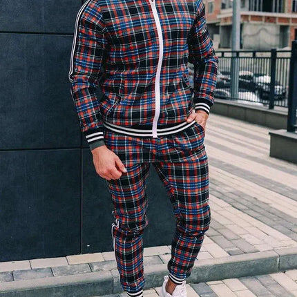 2025 Men Tracksuit 2pc Set Gym Hiking Plaid Zipper Hoodie Cargo Pants Autumn Athleisure Outfit Fleece Jogger Sportswear PlatiNum