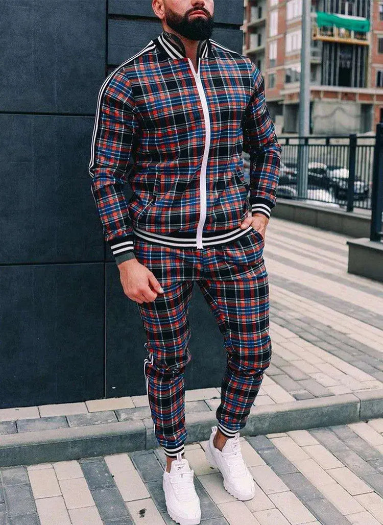 2025 Men Tracksuit 2pc Set Gym Hiking Plaid Zipper Hoodie Cargo Pants Autumn Athleisure Outfit Fleece Jogger Sportswear PlatiNum