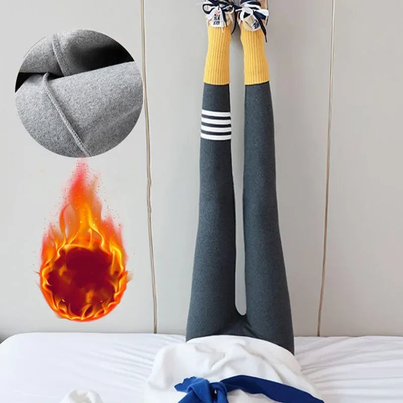 Autumn Winter Warm Thick Cotton Leggings for Women Fleece Lined Slim Fit Thermal Pants with Four Stripe Design