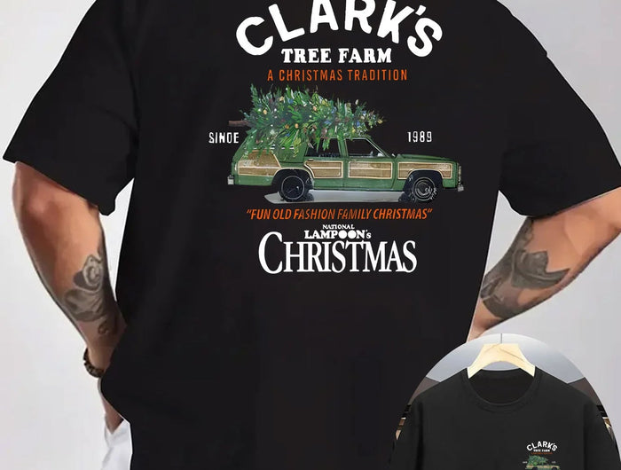 Men's Vintage Christmas Farm Graphic T-Shirt - White Short Sleeve Casual Shirt with Clark's Tree Farm & A Christmas Story Print PlatiNum