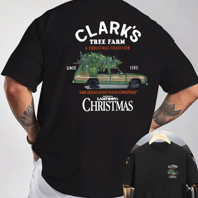 Men's Vintage Christmas Farm Graphic T-Shirt - White Short Sleeve Casual Shirt with Clark's Tree Farm & A Christmas Story Print PlatiNum