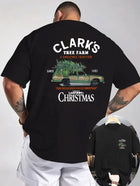 Men's Vintage Christmas Farm Graphic T-Shirt - White Short Sleeve Casual Shirt with Clark's Tree Farm & A Christmas Story Print PlatiNum