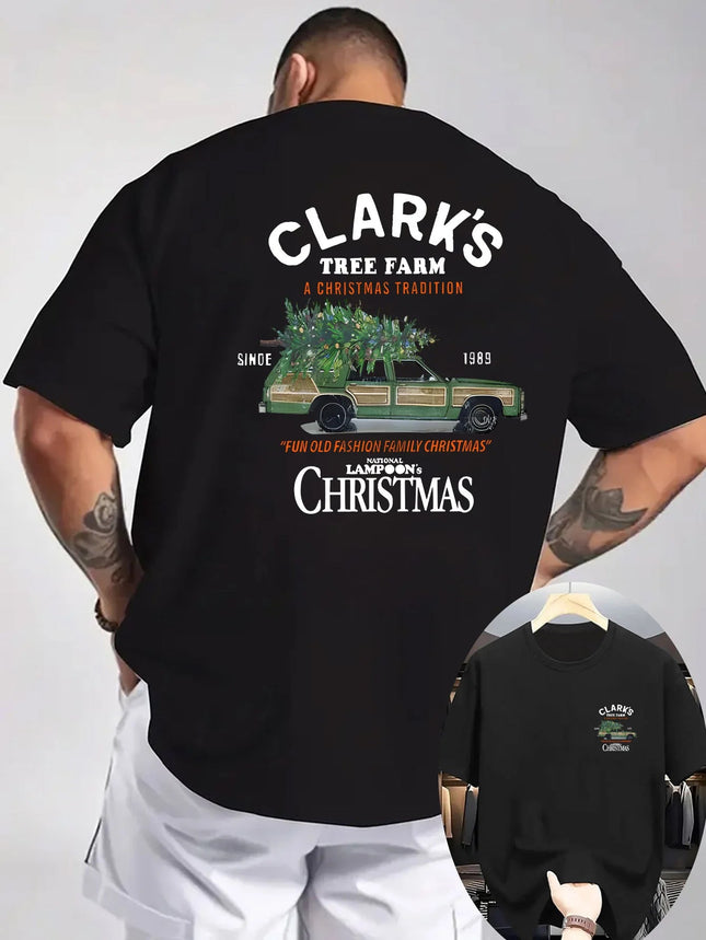 Men's Vintage Christmas Farm Graphic T-Shirt - White Short Sleeve Casual Shirt with Clark's Tree Farm & A Christmas Story Print PlatiNum