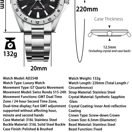 ADDIESDIVE Luxury Swiss Ronda GMT Watch 200M Water Resistant Dual Time Zone BGW9 Luminous 38mm Stainless Steel Quartz Movement
