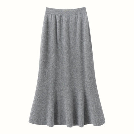 Autumn Winter Women New 100% Cashmere Fishtail Skirt  Mid Length Slimming High Waisted Knitted Umbrella Skirt Elegant Dress PlatiNum