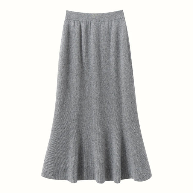 Autumn Winter Women New 100% Cashmere Fishtail Skirt  Mid Length Slimming High Waisted Knitted Umbrella Skirt Elegant Dress PlatiNum