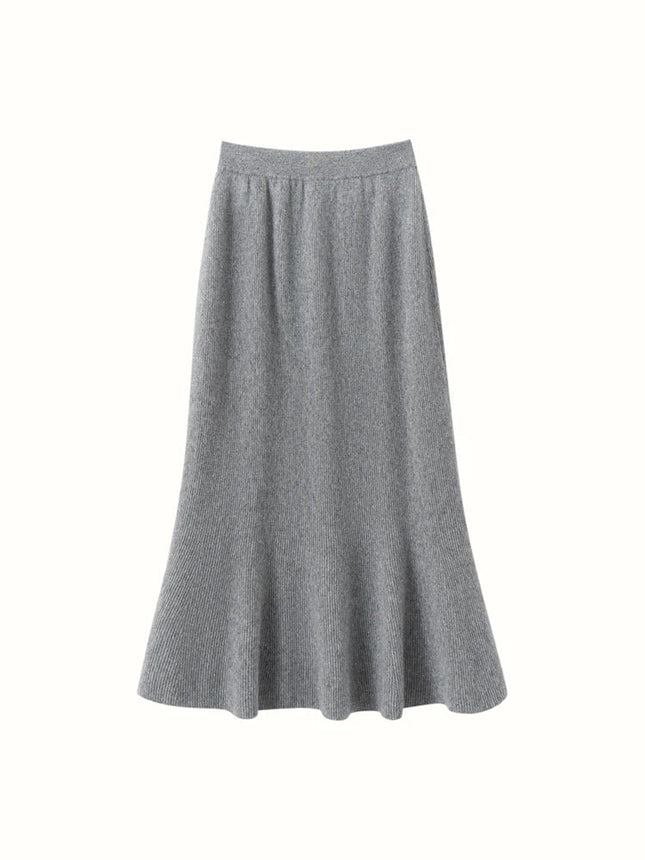 Autumn Winter Women New 100% Cashmere Fishtail Skirt  Mid Length Slimming High Waisted Knitted Umbrella Skirt Elegant Dress PlatiNum