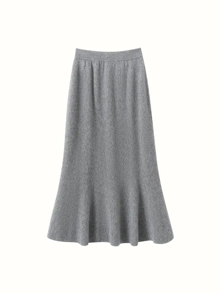 Autumn Winter Women New 100% Cashmere Fishtail Skirt  Mid Length Slimming High Waisted Knitted Umbrella Skirt Elegant Dress PlatiNum