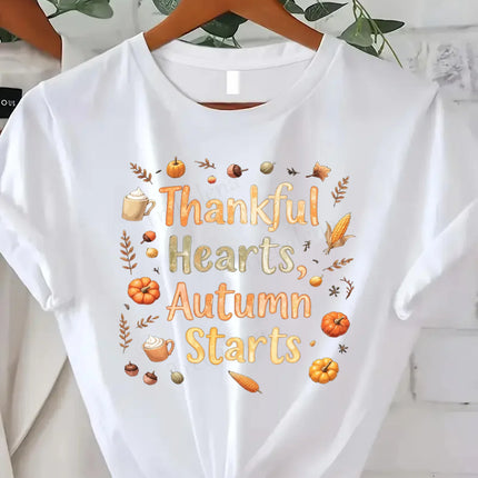 T-shirt femme confortable avec imprimé "Jolis cœurs Autumn Starts - T-shirt graphique festif d'automne"