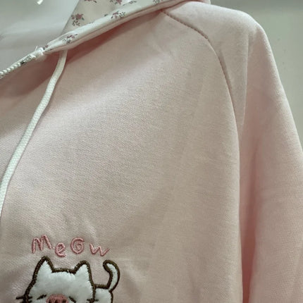 Y2k Hoodies Green Kawaii Cat Floral Print Hooded Zip-up Woman Sweatshirts Pink Thin Jacket Spring Fall Clothes Cute Streetwear