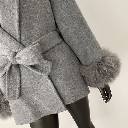 Elegant OL Office Lady Overcoats Fur Patchwork Long Sleeve Woolen Coat Beautiful Women's Clothing Jacket Autumn 2025 Spring