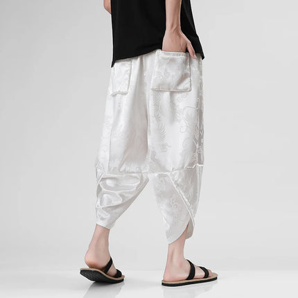 Pantaloncini in Seta Ghiaccio da Uomo, Stile Cinese, Estivi, Comodi, Pantaloni Harem Vintage Traspiranti, Tinta Unita, Lunghezza al Polpaccio