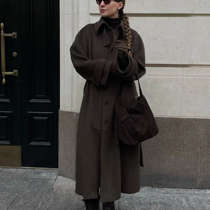 Women's Long Woolen Overcoats Stand Collar Single Breasted Lace Up Oversized Coat Autumn Winter Female Loose New Chic Outerwears