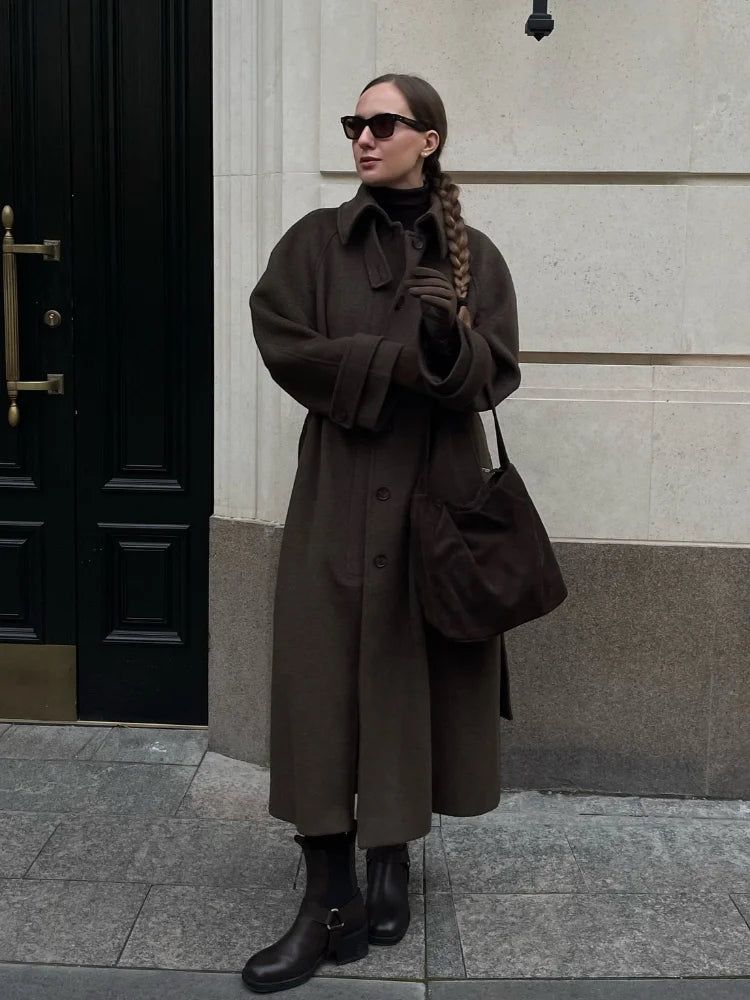 Women's Long Woolen Overcoats Stand Collar Single Breasted Lace Up Oversized Coat Autumn Winter Female Loose New Chic Outerwears