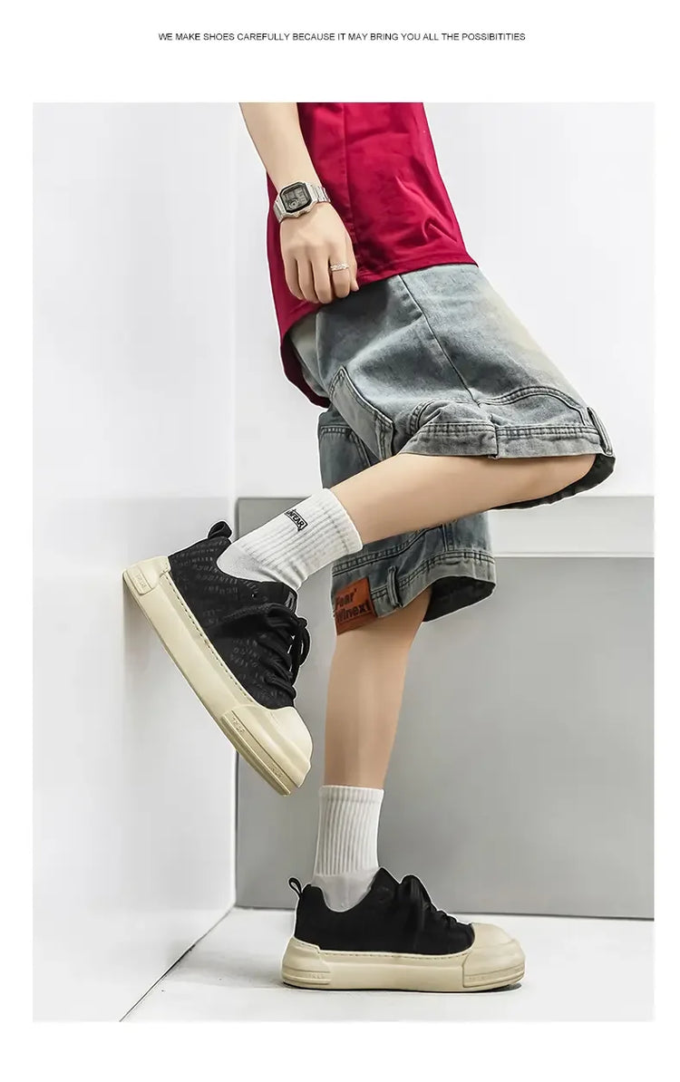 Toe Thick Sole Platform Men Sneakers Lace Up Patchwork Fashion New Trend Casual Trainer Shoes Thick Bottomed All Season