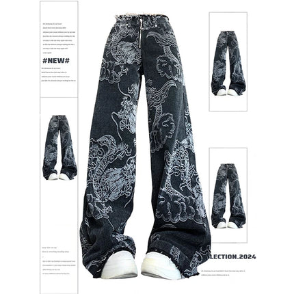 Donne Nero Gotico Drago Stampa Jeans Baggy Vintage Estetica Pantaloni Da Cowboy Harajuku Pantaloni In Denim Y2k Trashy 2000s Vestiti 2024