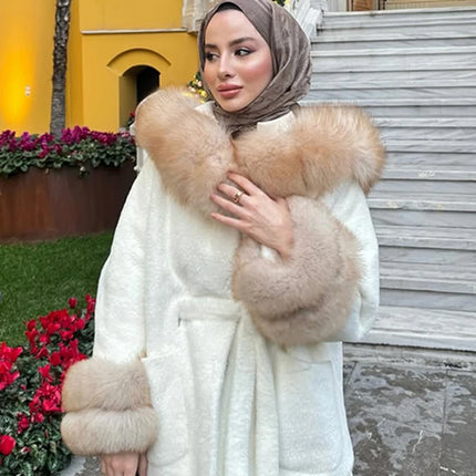 Cotton Lined Furry Fur Collar Belts Jacket Women Fashion Long Sleeve Thicken Warm Female Coat 2025 Winter Street Casual Outwear
