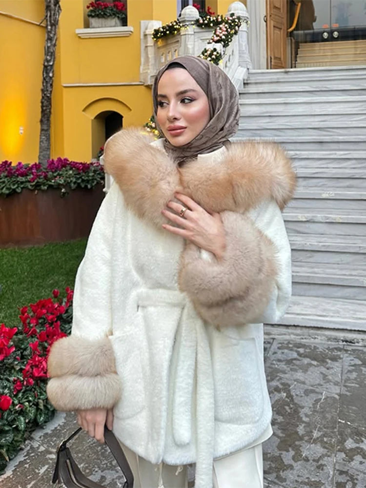 Cotton Lined Furry Fur Collar Belts Jacket Women Fashion Long Sleeve Thicken Warm Female Coat 2025 Winter Street Casual Outwear