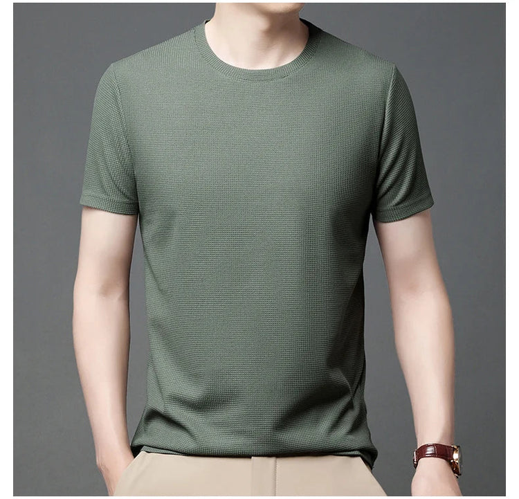 New Summer Waffle Round Neck Short Sleeved T-shirt for Men's Short Sleeved Top PlatiNum