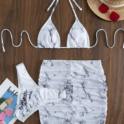 3 pezzi perizoma Bikini con gonna marmo texture costume da bagno donna costume da bagno Set costumi da bagno femminili abbigliamento da spiaggia nuoto estate platinumshop