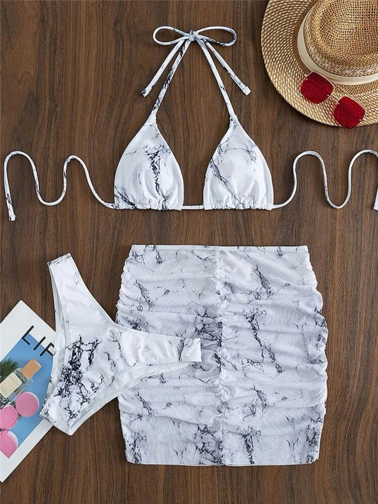 3 pezzi perizoma Bikini con gonna marmo texture costume da bagno donna costume da bagno Set costumi da bagno femminili abbigliamento da spiaggia nuoto estate platinumshop