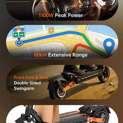 Monopattino Elettrico Pieghevole Fynzo S11, Velocità Massima 45km/h, 1100W 48V/15.6Ah, Doppia Sospensione, Autonomia 60km, Pneumatici Tubeless da 10'', Potenza di Picco 1100W, NFC