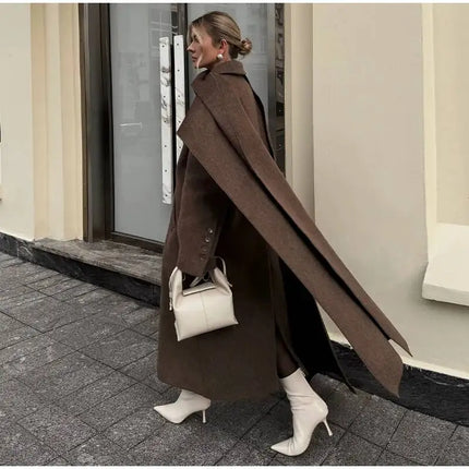 Elegant Big Scarf Collar Women's Coat Fashion Double Breasted Pockets Overcoats 2026 Autumn New High Street Oversize Outerwears