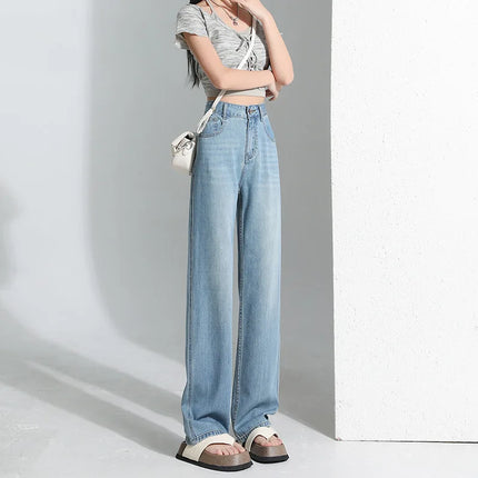 Jeans da donna in seta ghiaccio, nuovi, estivi 2026, in denim sottile e morbido, a gamba dritta e larga, modello baggy, versatili, blu ﻿