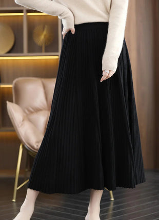100% Merino Wool Women’s Knitted Skirt Spring Autumn Winter  Long Pleated Grace Skirts High Waist A-Line Cashmere Comfortable PlatiNum